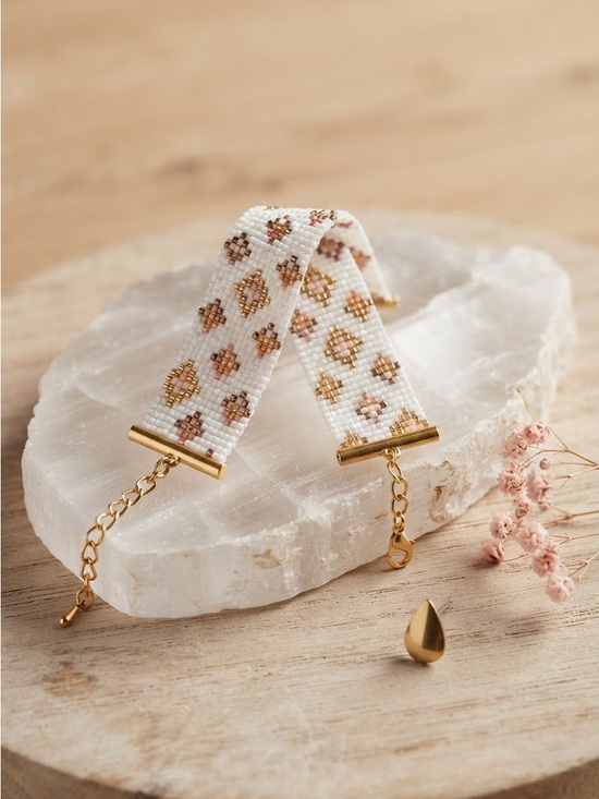 Hand Crafted Jewelry - Miyuki delica loom bracelet in white, blush, taupe, and gold - gold plated ends
